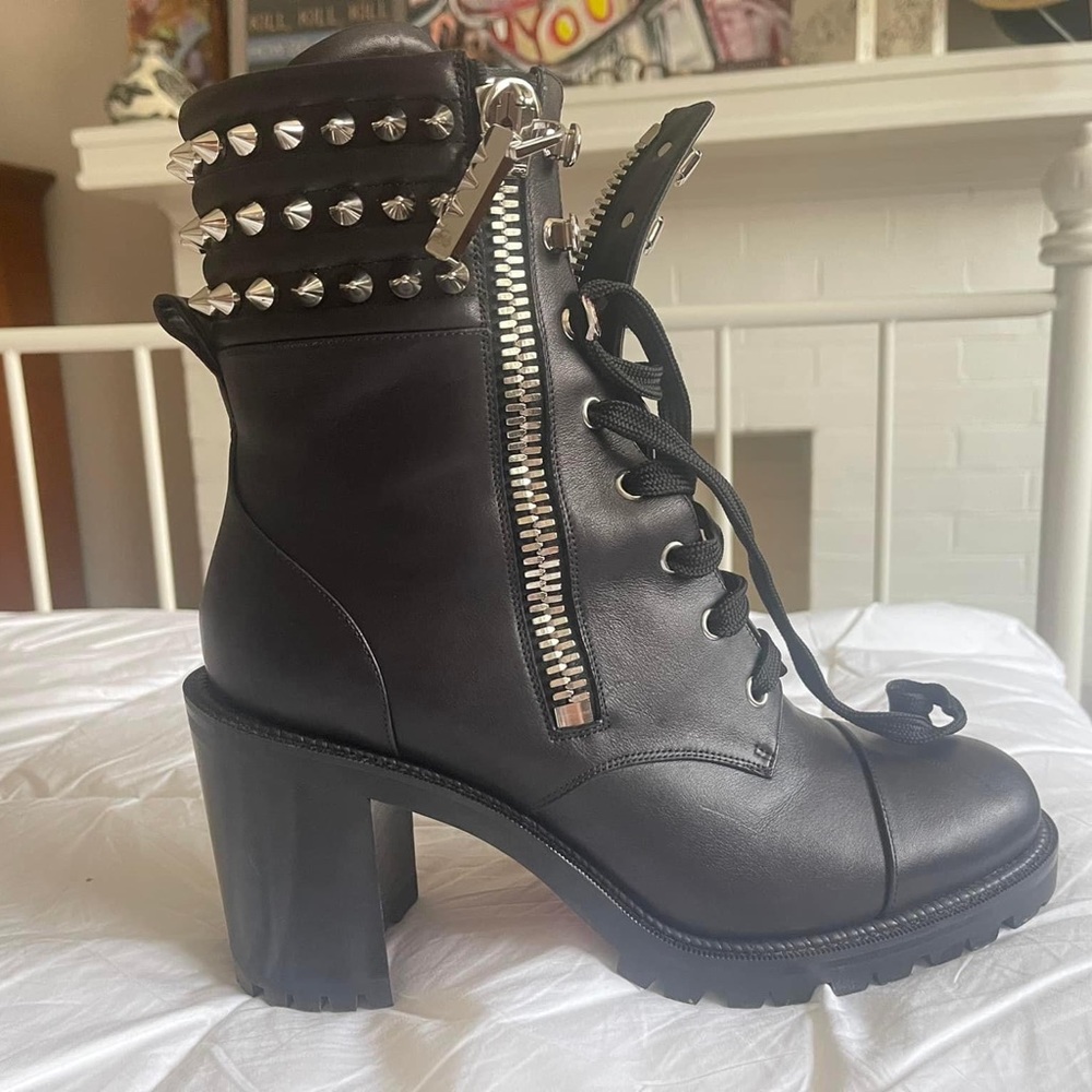 Christian Louboutin Black Leather Studded Zip Lace-Up Block Heel Booties